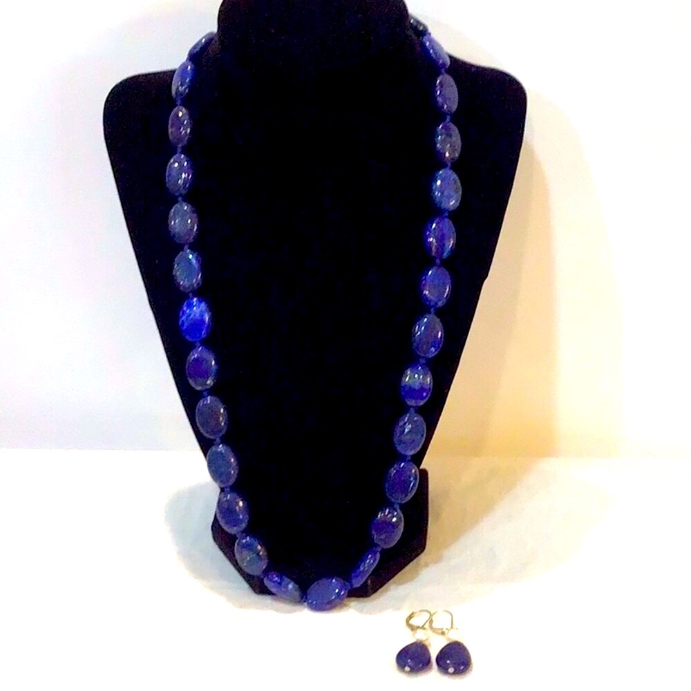 3 pc set Lapis Lazuli oval bead necklace & earrings set